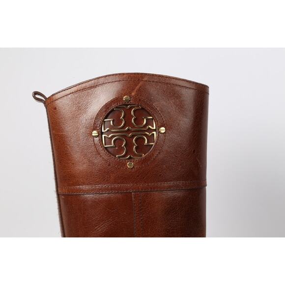 TORY BURCH Kiernan Riding Brown Leather Logo Knee High Boots Size 7M - Picture 10 of 16